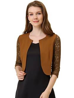 Allegra K Damen Festlich Spitze Bolero 3/4 Ärmel Rundhals Durchsichtig Shrug Elegant Jäckchen Braun M von Allegra K