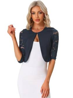 Allegra K Damen Festlich Spitze Bolero 3/4 Ärmel Rundhals Durchsichtig Shrug Elegant Jäckchen Dunkelblau M von Allegra K