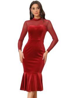 Allegra K Damen Figurbetontes Velvet Kleid Stehkragen Elegantes Durchsichtiges Mesh Midikleid Samt Cocktailkleid Rot XL von Allegra K