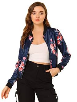 Allegra K Damen Frühling Sommer Bomberjacke Blumenmuster Reißverschluss Jacket Dunkelblau M von Allegra K