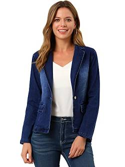 Allegra K Damen Gekerbtem Revers und Langen Ärmeln aus Verwaschenem Denim Blazer Jacke Blau M von Allegra K