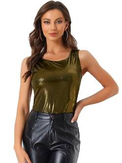 Allegra K Damen Glitzer Oberteile Metallic Top U Neck Party Tank Top Ärmellos Elegant Bluse Schwarz Glänzend XS von Allegra K