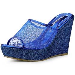 Allegra K Damen Glitzer Plateau Wedges Slip on Wedge Slide Sandalen Blau 40 von Allegra K