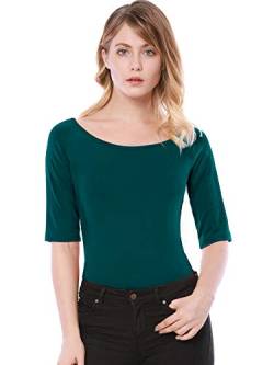 Allegra K Damen Halbarm Bluse T-Shirt Rundhals Slim Fit Einfarbig Oberteil Dunkelgrün L von Allegra K