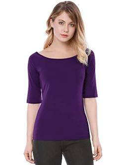 Allegra K Damen Halbarm Bluse T-Shirt Rundhals Slim Fit Einfarbig Oberteil Dunkelviolett M von Allegra K