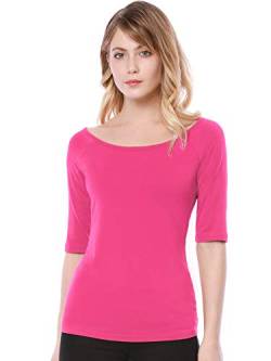 Allegra K Damen Halbarm Bluse T-Shirt Rundhals Slim Fit Einfarbig Oberteil Pink XS von Allegra K