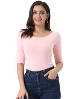 Allegra K Damen Halbarm Bluse T-Shirt Rundhals Slim Fit Einfarbig Oberteil Rosas XS von Allegra K