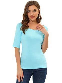 Allegra K Damen Halbarm Bluse T-Shirt Rundhals Slim Fit Einfarbig Oberteil Wasserblau L von Allegra K