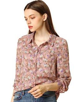 Allegra K Damen Hemd Langarm Umlegekragen Button Blumen Shirt Top Bluse Rosa M von Allegra K