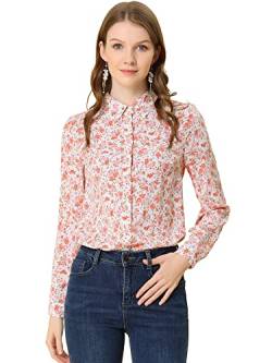 Allegra K Damen Hemd Langarm Umlegekragen Button Blumen Shirt Top Bluse Weiß-Rosa Blumen M von Allegra K