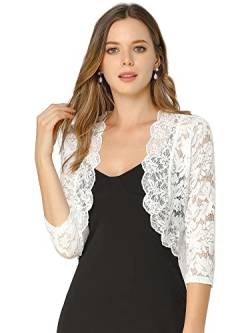 Allegra K Damen Hochzeit Crop Bolero Spitzen Strickjacke Vorne Offen 3/4 Ärmel Festlich Cardigan Shrug Weiß S von Allegra K