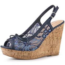 Allegra K Damen Holz Plateau Heels Bow Lace Wedge Sandalen Tiefes Blau 39 von Allegra K