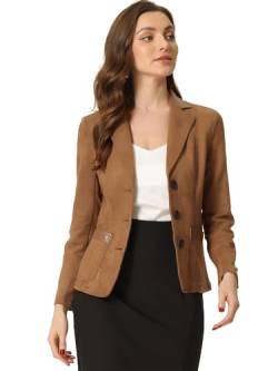 Allegra K Damen Jacke Wildleder Revers Knopfleiste Lapel Collar Blazer mit Taschen Hellbraun S von Allegra K