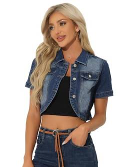 Allegra K Damen Jeansjacke Leichte Übergangsjacke Revers Kurzarm Bauchfreie Denim Jacke Blau XS von Allegra K