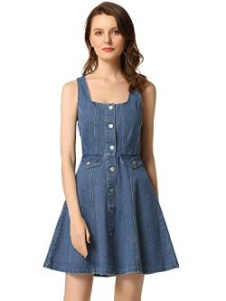 Allegra K Damen Jeanskleid Ärmellos Eckigem Ausschnitt Knopfleiste Flare Denim Kleid mit Taschen Blau XL von Allegra K