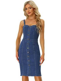 Allegra K Damen Jeanskleid Ärmellos Spaghetti Knopfleiste Herzausschnitt Minikleid Kleid Blau XL von Allegra K