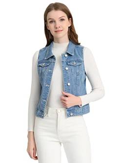 Allegra K Damen Jeansweste Ärmellos Knopfleiste Denim Revere Westen mit Taschen Hellblau-B M von Allegra K