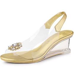 Allegra K Damen Klar Slingback Wedges Strass Transparent Peep Toe Heels, gold, 39 EU von Allegra K