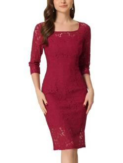 Allegra K Damen Kleid 3/4-Ärmeln Spitze Eckigem Ausschnitt Midi Gerader Schnitt Minikleid Weinrot L von Allegra K