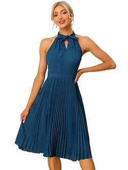 Allegra K Damen Kleid Ärmellos Neckholder Plissee Chiffon Arbeitskleid Minikleid Navy blau L von Allegra K