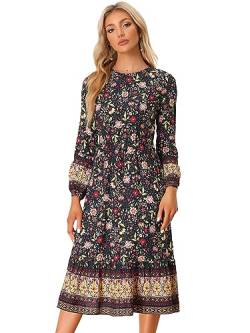 Allegra K Damen Kleid Blumen Elastische Taille Langarm Boho Maxikleid Schwarz XL von Allegra K