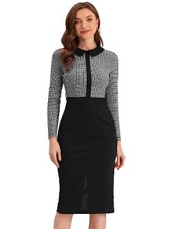 Allegra K Damen Kleid Business Langarm Figurbetontes mit Hahnentritt Gürtel Arbeit Midikleid Schwarz M von Allegra K