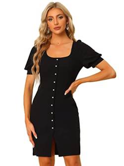 Allegra K Damen Kleid Eckigem Ausschnitt Kontrastknöpfen Puffärmeln Kleider Minikleid Schwarz M von Allegra K