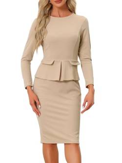 Allegra K Damen Kleid Elegant Figurbetont Bleistiftkleid Rundhalsausschnitt Schößchen Arbeit Knielang Etuikleid Khaki S von Allegra K