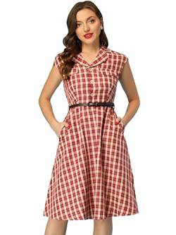 Allegra K Damen Kleid Kurzarm Reverskragen Knopfleiste Gürtel Retro Kariert Minikleid Rot M von Allegra K