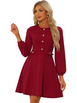 Allegra K Damen Kleid Langarm Arbeit Bürokleid Kontrastknopf Dekor Knielang Elegant Minikleid Rot XL von Allegra K