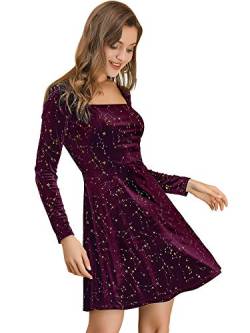 Allegra K Damen Kleid Langarm Party Festlich Quadratischer Kragen Samt Stern Abendkleider Burgundy XL von Allegra K