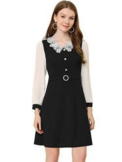 Allegra K Damen Kleid Langarm V-Ausschnitt Knopfleiste Lace Panel Colorblock Minikleid Schwarz L von Allegra K