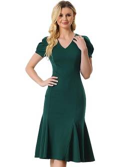 Allegra K Damen Kleid V-Ausschnitt Puffärmel Elegantes Meerjungfrauenkleid Midikleid Dunkelgrün S von Allegra K