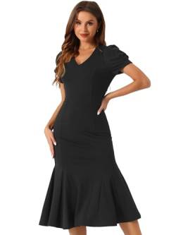 Allegra K Damen Kleid V-Ausschnitt Puffärmel Elegantes Meerjungfrauenkleid Midikleid Schwarz S von Allegra K