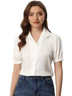 Allegra K Damen Kragenoberteil mit Knopfleiste und Kurzen Ärmeln zum Arbeitshemd Bluse Weiß S von Allegra K