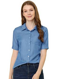 Allegra K Damen Kurzärmliges Chambray Denimhemd Knopfleiste Bluse Shirt Blau L von Allegra K