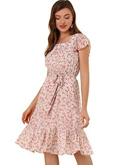 Allegra K Damen Kurzarm A-Linie Eckiger Ausschnitt Rüschen Blumen Midikleid Sommer Kleid Rosa Weiß S von Allegra K