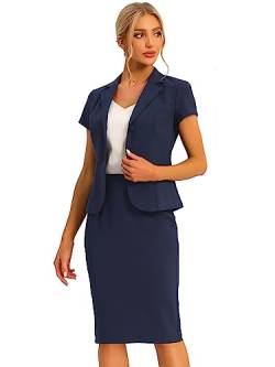 Allegra K Damen Kurzarm Business Blazer Jacke Bleistiftrock 2-Teiliges Anzug-Set Dunkelblau L von Allegra K