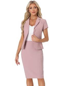Allegra K Damen Kurzarm Business Blazer Jacke Bleistiftrock 2-Teiliges Anzug-Set Rosa M von Allegra K