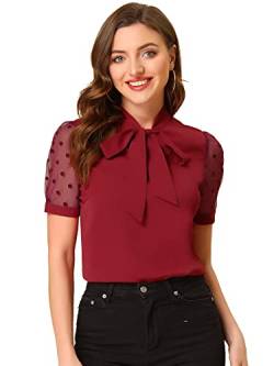 Allegra K Damen Kurzarm Fliege V Neck Panel Mesh Top Bluse Burgund L von Allegra K