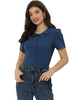 Allegra K Damen Kurzarm Knöpfen Karriert Doll Kragen Puffärmel Hemd Top Bluse Dunkelblau XL von Allegra K