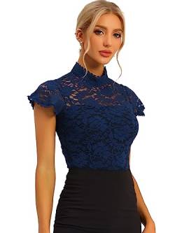 Allegra K Damen Kurzarm Trachtenbluse Stehkragen Mesh Durchsichtig Dirndl Elegant Spitze Oberteil Marine Blau S von Allegra K