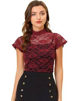 Allegra K Damen Kurzarm Trachtenbluse Stehkragen Mesh Durchsichtig Dirndl Elegant Spitze Oberteil Wein M von Allegra K