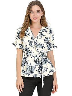 Allegra K Damen Kurzarm V Neck Bindegürtel Wickel Blumen Top Bluse Marinebeige S von Allegra K