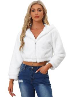 Allegra K Damen Lässig Kunstpelzmantel Reißverschluss Kapuze Kurze Fuzzy-Jacke Weiß XS von Allegra K