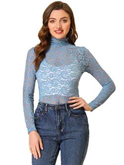 Allegra K Damen Langarm Durchsichtig Spitze Oberteil Stehkragen Mesh Blumen Lace Hochgeschlossene Top Bluse Staubiges Blau S von Allegra K