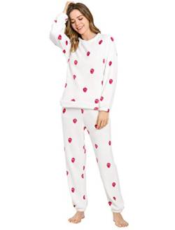 Allegra K Damen Langarm Flanell Muster Nachtwäsche Pyjama Erdbeere Weiß XL von Allegra K