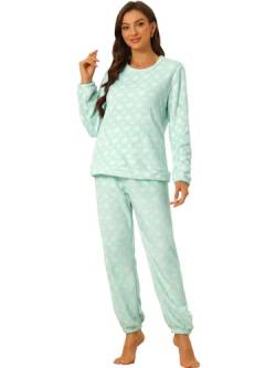 Allegra K Damen Langarm Flanell Muster Nachtwäsche Pyjama Herz Blau XL von Allegra K