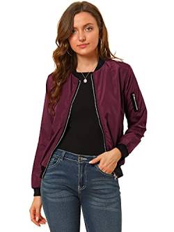 Allegra K Damen Langarm Kragenlos Reißverschluss Windbreaker Bomberjacke Jacke Weinrot XS von Allegra K