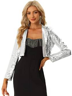 Allegra K Damen Langarm Offene Vorderseite Reverskragen Party Glitzer Pailletten Jacke Silber L von Allegra K